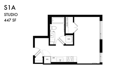 A floor plan of a studio apartment with a kitchen, living room, and bathroom.